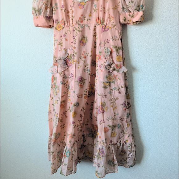Vintage 50s-60s Empire Waist Dress Lace Pockets Floral Pink Hyper Feminine Girly - Picture 10 of 13